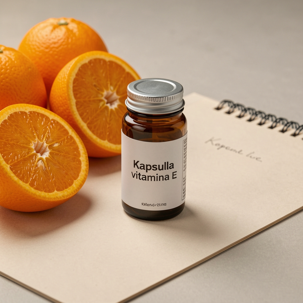 Kapsula vitamina E na neutralnom papiru pored narandžastih plodova i beleške redakcije