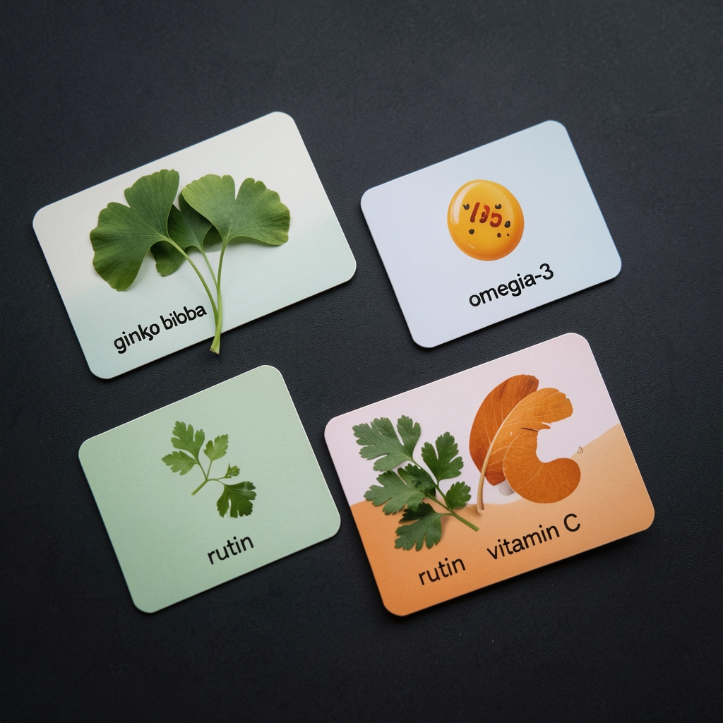 Raspored kartica sa nazivima ginkgo biloba, vitamin E, omega-3, borovnica, rutin i vitamin C na tamnoj podlozi